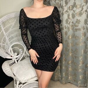 Black polka dot mini-dress princess sleeve